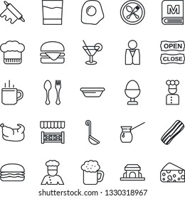Thin Line Icon Set - hot cup vector, spoon and fork, waiter, cook, hat, menu, drink, cocktail, beer, bacon, egg stand, cafe building, open close, alcove, chicken, hamburger, ladle, bowl, rolling pin