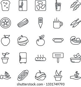 Thin Line Icon Set - hot cup vector, seedling, plant label, diet, fridge, phyto bar, salad, bacon, bread, kebab, dog, apple fruit, fan, palm sproute