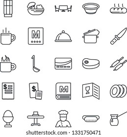 Thin Line Icon Set - hot cup vector, cook, dish, restaurant table, wine card, menu, drink, coffee, salad, plates, egg stand, bread, cafe, credit, receipt, steak, kebab, dog, ladle, bowl, knife