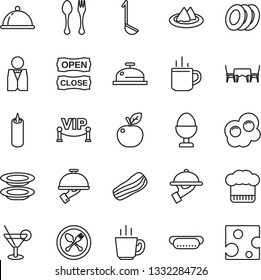 Thin Line Icon Set - hot cup vector, spoon and fork, waiter, dish, serviette, cook hat, reception, cocktail, coffee, plates, bacon, egg stand, candle, cafe table, vip zone, open close, dog, ladle