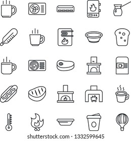 Thin Line Icon Set - hot cup vector, coffee machine, fire, fireplace, thermometer, air conditioner, bread, steak, dog, bowl, turkish, water heater, balloon