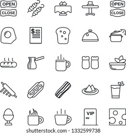 Thin Line Icon Set - hot cup vector, coffee, dish, restaurant table, serviette, phyto bar, salad, bacon, egg stand, salt and pepper, bread, vip zone, open close, receipt, kebab, dog, rolling pin