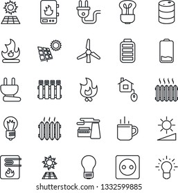 Thin Line Icon Set - hot cup vector, bulb, factory, fire, oil barrel, battery, low, brightness, sun panel, windmill, heater, home control, socket, power plug, water, radiator, idea