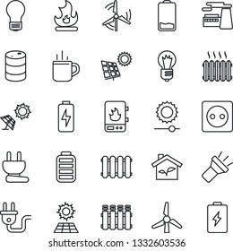 Thin Line Icon Set - hot cup vector, bulb, factory, fire, oil barrel, battery, low, torch, brightness, charge, sun panel, windmill, heater, eco house, socket, power plug, water, radiator