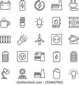 Thin Line Icon Set - hot cup vector, factory, oil barrel, battery, torch, charge, desk lamp, sun panel, eco house, socket, power plug, water heater, radiator, bulb, energy saving, windmill, idea