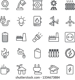 Thin Line Icon Set - hot cup vector, fire, oil barrel, battery, torch, brightness, charge, desk lamp, windmill, heater, factory, home control, eco house, socket, power plug, water, radiator, bulb