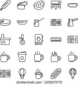 Thin Line Icon Set - hot cup vector, coffee, fireplace, thermometer, air conditioner, steak, dog, bowl, steaming pan, turkish, water heater, balloon