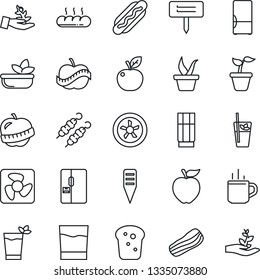 Thin Line Icon Set - hot cup vector, seedling, plant label, diet, fridge, drink, phyto bar, salad, bacon, bread, kebab, dog, apple fruit, fan, palm sproute