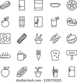 Thin Line Icon Set - hot cup vector, seedling, plant label, diet, fridge, drink, phyto bar, salad, bacon, bread, kebab, dog, apple fruit, fan