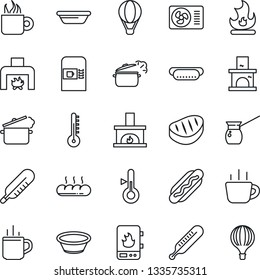 Thin Line Icon Set - hot cup vector, coffee machine, fire, fireplace, thermometer, air conditioner, bread, steak, dog, bowl, steaming pan, turkish, water heater, balloon