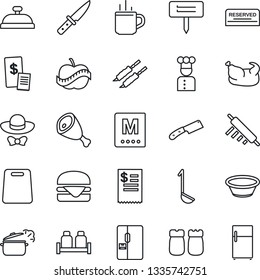 Thin Line Icon Set - hot cup vector, plant label, diet, fridge, cook, menu, reserved, reception, salt and pepper, dress code, restaurant receipt, chicken, kebab, ham, hamburger, ladle, bowl, knife