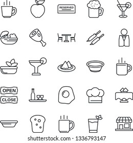 Thin Line Icon Set - hot cup vector, cafe, coffee, waiter, alcohol, restaurant table, serviette, cook hat, reserved, cocktail, phyto bar, beer, salad, bread, open close, kebab, ham, bowl, omelette