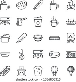 Thin Line Icon Set - hot cup vector, coffee, fire, fireplace, thermometer, air conditioner, bread, steak, dog, bowl, steaming pan, turkish, water heater, balloon