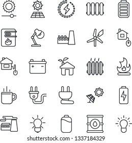 Thin Line Icon Set - hot cup vector, factory, fire, oil barrel, battery, brightness, charge, desk lamp, sun panel, heater, home control, eco house, power plug, water, radiator, bulb, windmill, idea