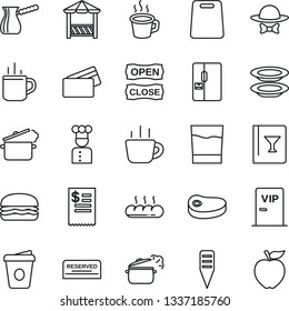 Thin Line Icon Set - hot cup vector, coffee, plant label, fridge, cook, wine card, reserved, drink, plates, bread, vip zone, dress code, open close, alcove, credit, restaurant receipt, steak