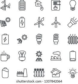 Thin Line Icon Set - hot cup vector, bulb, factory, battery, low, torch, charge, sun panel, windmill, heater, home control, eco house, water, radiator, energy saving, idea