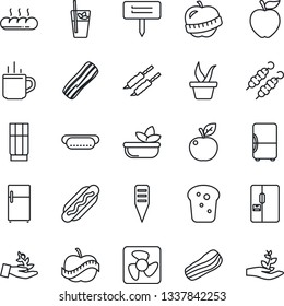 Thin Line Icon Set - hot cup vector, seedling, plant label, diet, fridge, drink, phyto bar, salad, bacon, bread, kebab, dog, apple fruit, fan, palm sproute