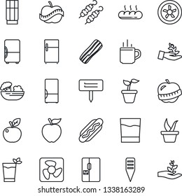 Thin Line Icon Set - hot cup vector, seedling, plant label, diet, fridge, drink, phyto bar, salad, bacon, bread, kebab, dog, apple fruit, fan, palm sproute