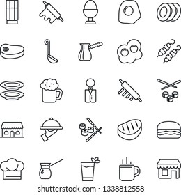 Thin Line Icon Set - hot cup vector, waiter, cook hat, drink, phyto bar, beer, plates, egg stand, cafe building, steak, kebab, hamburger, ladle, rolling pin, turkish coffee, sushi, omelette