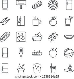 Thin Line Icon Set - hot cup vector, seedling, plant label, diet, fridge, drink, phyto bar, salad, bacon, bread, kebab, dog, apple fruit, fan, palm sproute