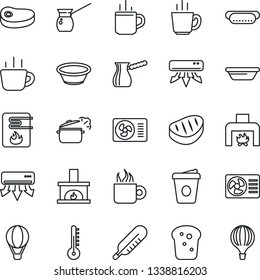Thin Line Icon Set - hot cup vector, coffee, thermometer, fireplace, air conditioner, bread, steak, dog, bowl, steaming pan, turkish, water heater, balloon