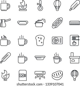 Thin Line Icon Set - hot cup vector, coffee machine, fire, fireplace, thermometer, air conditioner, bread, steak, dog, bowl, steaming pan, turkish, water heater, balloon