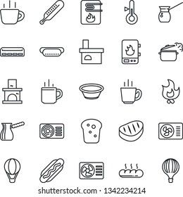 Thin Line Icon Set - hot cup vector, coffee, fire, fireplace, thermometer, air conditioner, bread, steak, dog, bowl, steaming pan, turkish, water heater, balloon