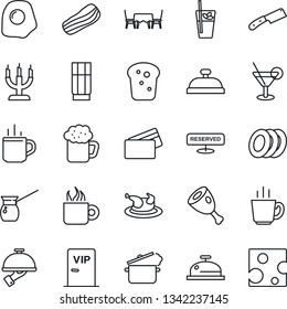 Thin Line Icon Set - hot cup vector, reserved, reception, drink, cocktail, phyto bar, coffee, beer, plates, bacon, waiter, bread, candle, cafe table, vip zone, credit card, chicken, ham, knife