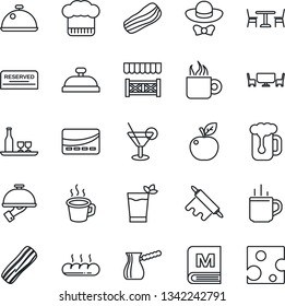 Thin Line Icon Set - hot cup vector, cafe, coffee, dish, alcohol, cook hat, menu, reserved, reception, cocktail, phyto bar, beer, bacon, waiter, bread, table, dress code, alcove, credit card, cheese