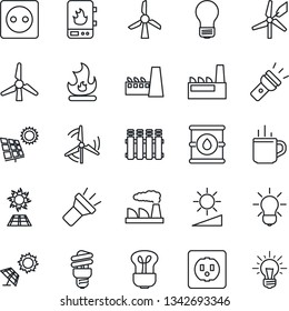 Thin Line Icon Set - hot cup vector, bulb, factory, fire, oil barrel, torch, brightness, sun panel, windmill, socket, water heater, radiator, energy saving, idea