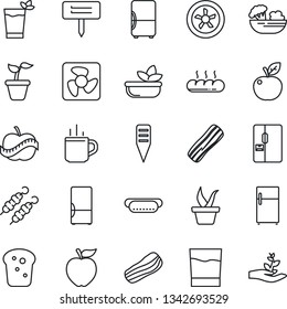 Thin Line Icon Set - hot cup vector, seedling, plant label, diet, fridge, drink, phyto bar, salad, bacon, bread, kebab, dog, apple fruit, fan, palm sproute