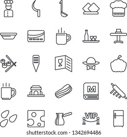 Thin Line Icon Set - hot cup vector, sickle, plant label, pumpkin, seeds, coffee, cook, alcohol, restaurant table, hat, wine card, menu, bacon, cafe building, vip zone, dress code, credit, ladle