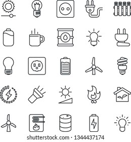 Thin Line Icon Set - hot cup vector, bulb, fire, oil barrel, battery, torch, brightness, charge, windmill, eco house, socket, power plug, water heater, radiator, energy saving, idea