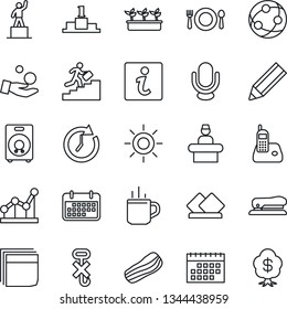 Thin Line Icon Set - hot cup vector, reception, pedestal, seedling, sun, term, no hook, microphone, network, radio phone, speaker, calendar, blank box, point graph, pencil, career ladder, stapler