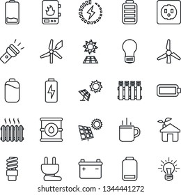 Thin Line Icon Set - hot cup vector, bulb, oil barrel, battery, low, torch, charge, sun panel, windmill, heater, eco house, socket, power plug, water, radiator, energy saving, idea