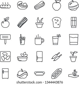 Thin Line Icon Set - hot cup vector, seedling, plant label, diet, fridge, drink, phyto bar, salad, bacon, bread, kebab, dog, apple fruit, fan, palm sproute