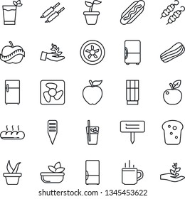 Thin Line Icon Set - hot cup vector, seedling, plant label, diet, fridge, drink, phyto bar, salad, bacon, bread, kebab, dog, apple fruit, fan, palm sproute