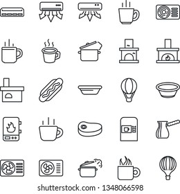 Thin Line Icon Set - hot cup vector, coffee machine, fireplace, air conditioner, steak, dog, bowl, steaming pan, turkish, water heater, balloon