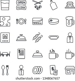 Thin Line Icon Set - hot cup vector, spoon and fork, waiter, cafe, menu, reception, drink, coffee, beer, plates, building, table, open close, credit card, restaurant receipt, steak, kebab, dog