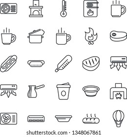 Thin Line Icon Set - hot cup vector, coffee, fire, fireplace, thermometer, air conditioner, bread, steak, dog, bowl, steaming pan, turkish, water heater, balloon