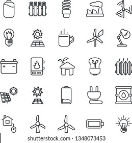 Thin Line Icon Set - hot cup vector, bulb, factory, oil barrel, low battery, desk lamp, sun panel, windmill, heater, home control, eco house, power plug, water, radiator, energy saving, idea