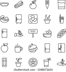 Thin Line Icon Set - hot cup vector, seedling, plant label, diet, fridge, drink, phyto bar, salad, bacon, dog, apple fruit, fan, palm sproute