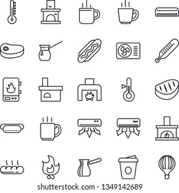 Thin Line Icon Set - hot cup vector, coffee, fire, fireplace, thermometer, air conditioner, bread, steak, dog, turkish, water heater, balloon