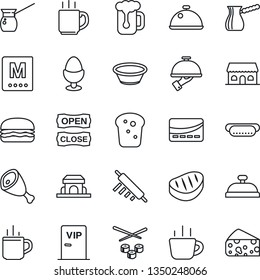 Thin Line Icon Set - hot cup vector, coffee, dish, menu, reception, beer, waiter, egg stand, bread, cafe building, vip zone, open close, credit card, steak, ham, hamburger, dog, bowl, rolling pin
