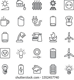 Thin Line Icon Set - hot cup vector, bulb, factory, fire, battery, low, brightness, charge, desk lamp, windmill, heater, home control, eco house, socket, power plug, sun panel, idea