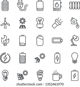 Thin Line Icon Set - hot cup vector, bulb, fire, battery, low, torch, charge, desk lamp, sun panel, home control, power plug, water heater, radiator, energy saving, windmill