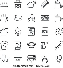 Thin Line Icon Set - hot cup vector, coffee machine, fire, thermometer, fireplace, air conditioner, bread, steak, dog, bowl, steaming pan, turkish, water heater, balloon