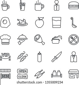 Thin Line Icon Set - hot cup vector, coffee, waiter, cafe, cook hat, drink, phyto bar, salt and pepper, candle, vip zone, open close, alcove, chicken, kebab, ham, hamburger, ladle, knife, omelette