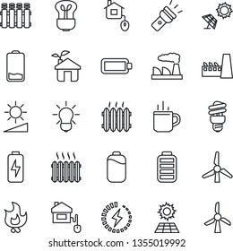 Thin Line Icon Set - hot cup vector, factory, fire, battery, low, torch, brightness, charge, sun panel, windmill, heater, home control, eco house, radiator, bulb, energy saving