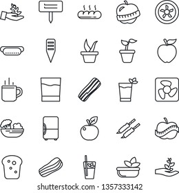 Thin Line Icon Set - hot cup vector, seedling, plant label, diet, drink, phyto bar, salad, bacon, bread, kebab, dog, apple fruit, fan, fridge, palm sproute